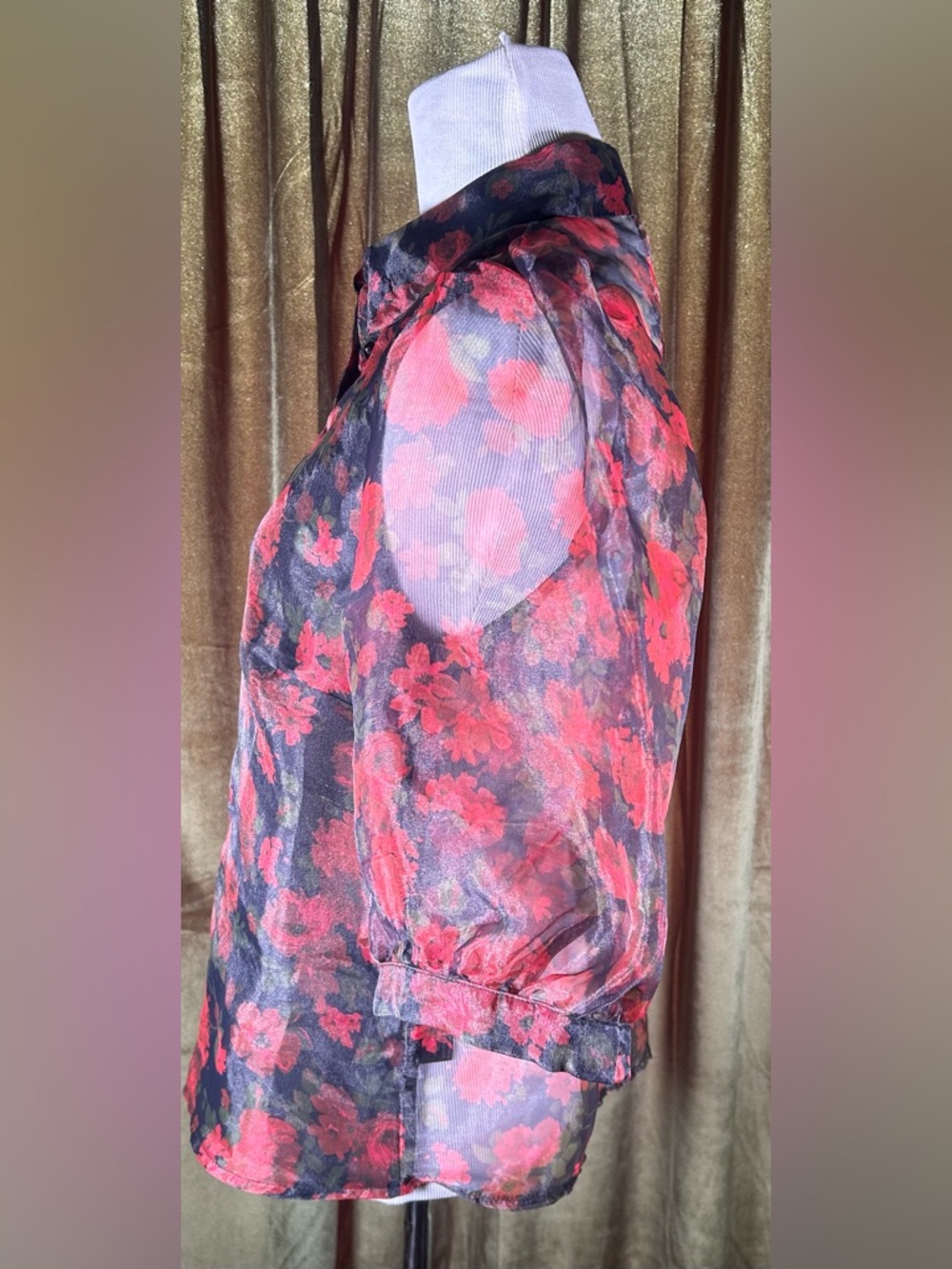 Blashe Sheer Floral Red Rose Puff Sleeve Organza Button Down Blouse - Picture 3 of 5
